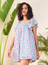 SASSAFRAS Floral Printed Flutter Sleeve Smocked Georgette A-Line Dress