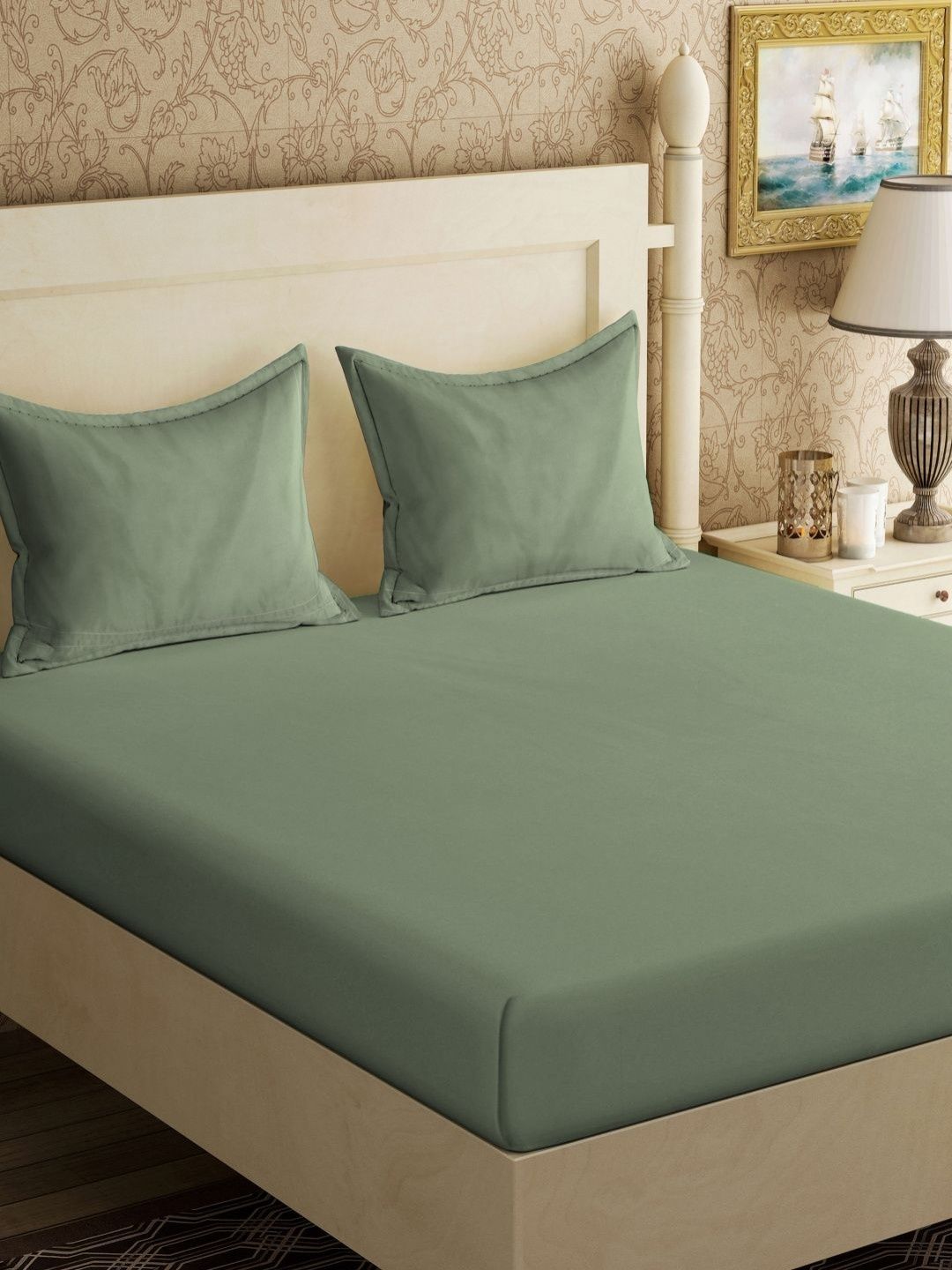 Myntra Elegant Homes Green 300 TC King Double Bedsheet with 2 Pillow Covers