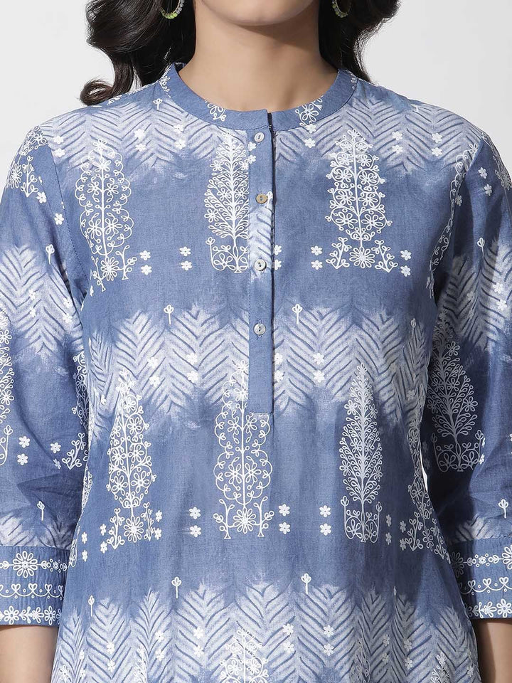 W Floral Printed Mandarin Collar Pure Cotton Straight Kurta