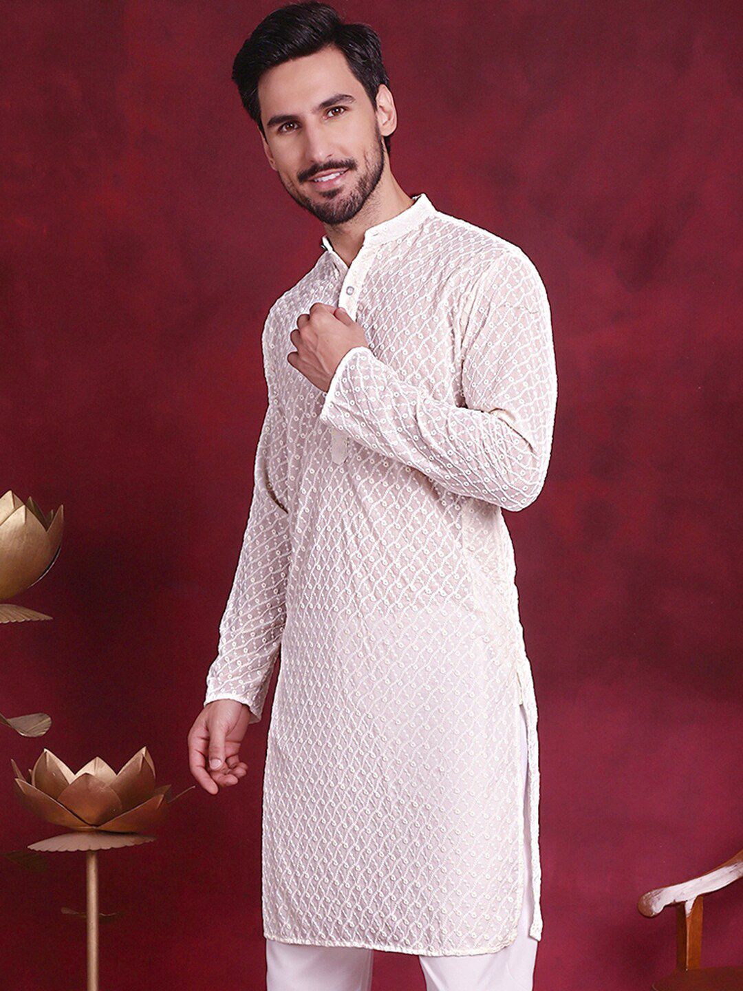Jompers Ethnic Motifs Embroidered Band Collar Chikankari Cotton Straight Kurta
