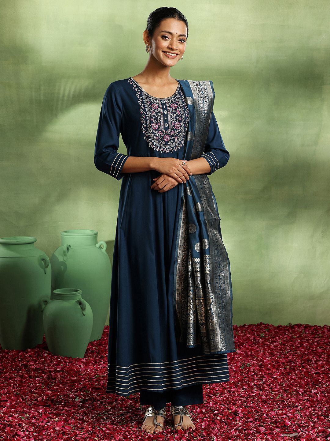 Libas Womens Navy Blue Yoke Design Viscose Anarkali Kurta With Trousers & Dupatta