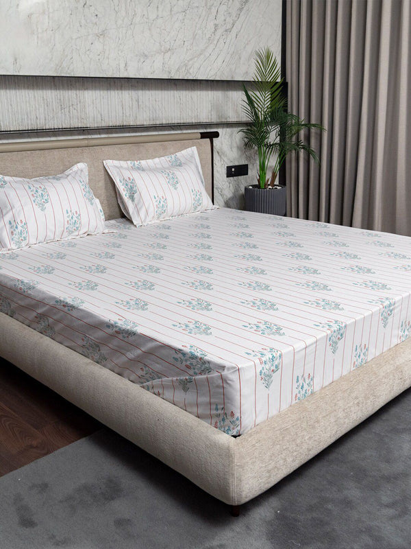 URBAN SPACE Rust White Floral Cotton 200 TC Queen Bedsheet With 2 Pillow Cover