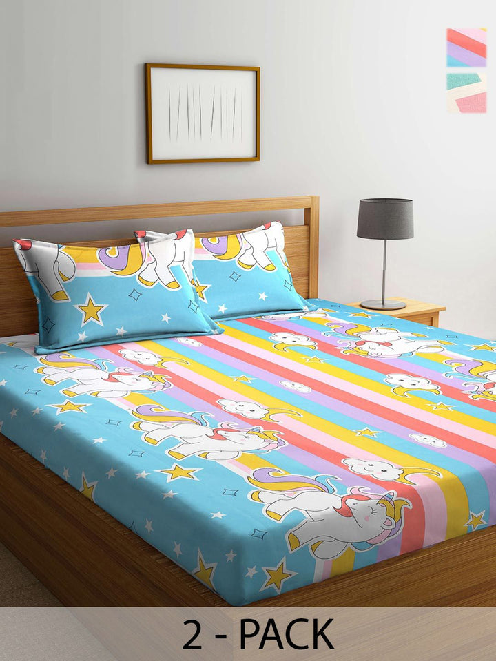 Watak Kartun Biru KLOTTHE Polycotton 300 TC King Denda 2 Cadar dengan 4 Sarung Bantal-98 x 87 inci