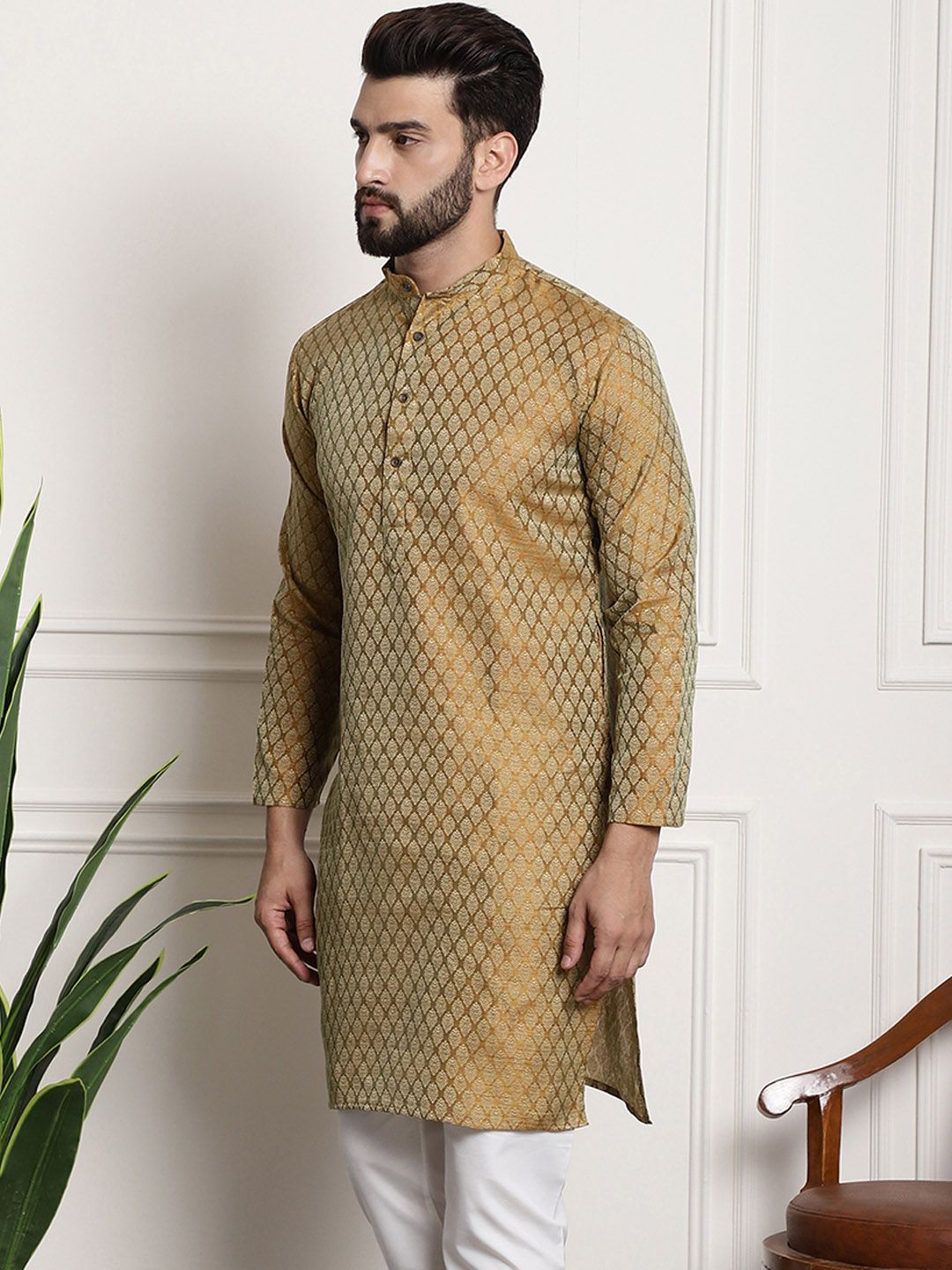 SOJANYA Woven Design Mandarin Collar Silk Cotton Kurta