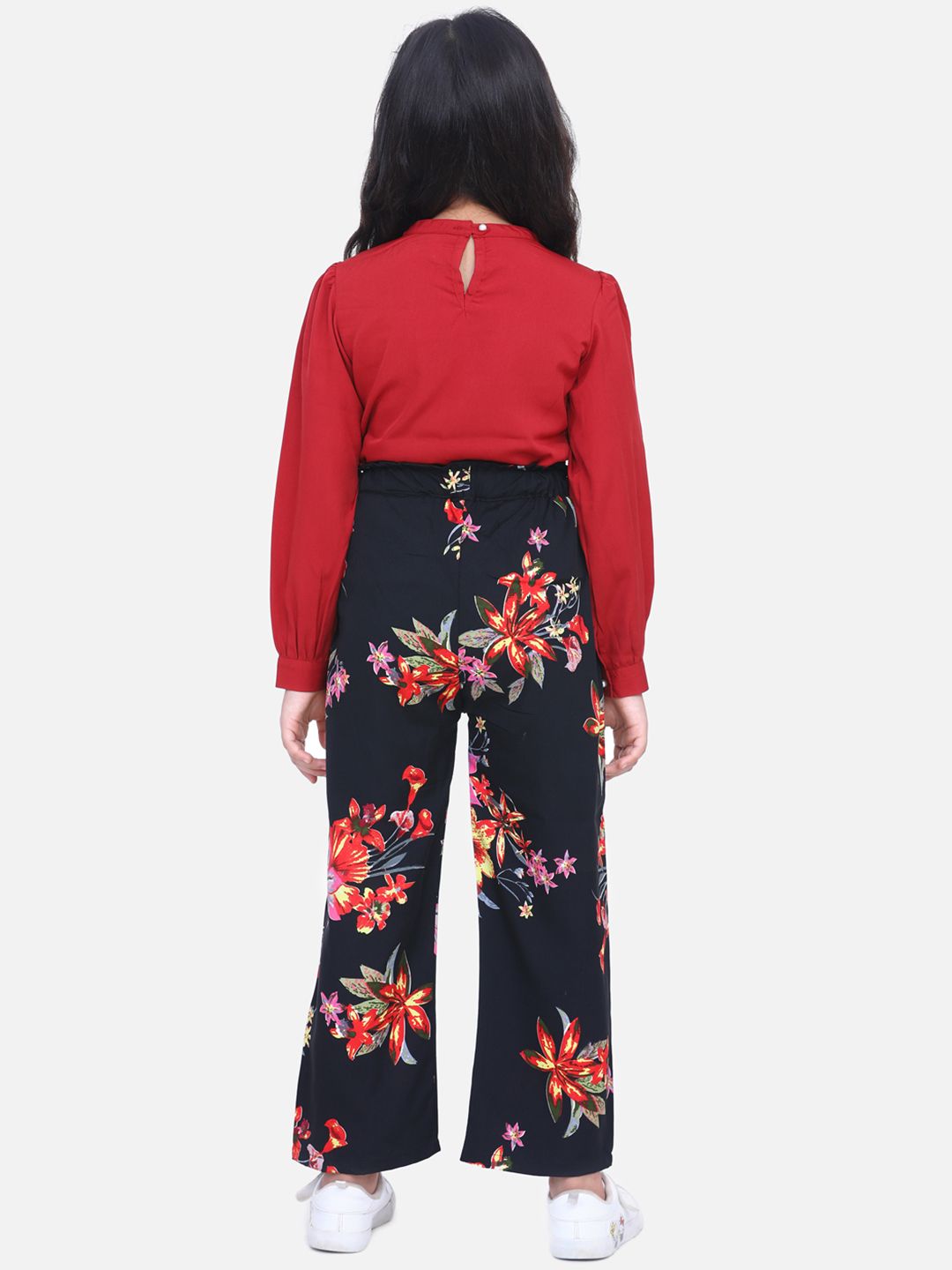 Cutiekins Girls Maroon & Black Floral Printed Bishop Sleeves Top with Palazzos Co-Ords set