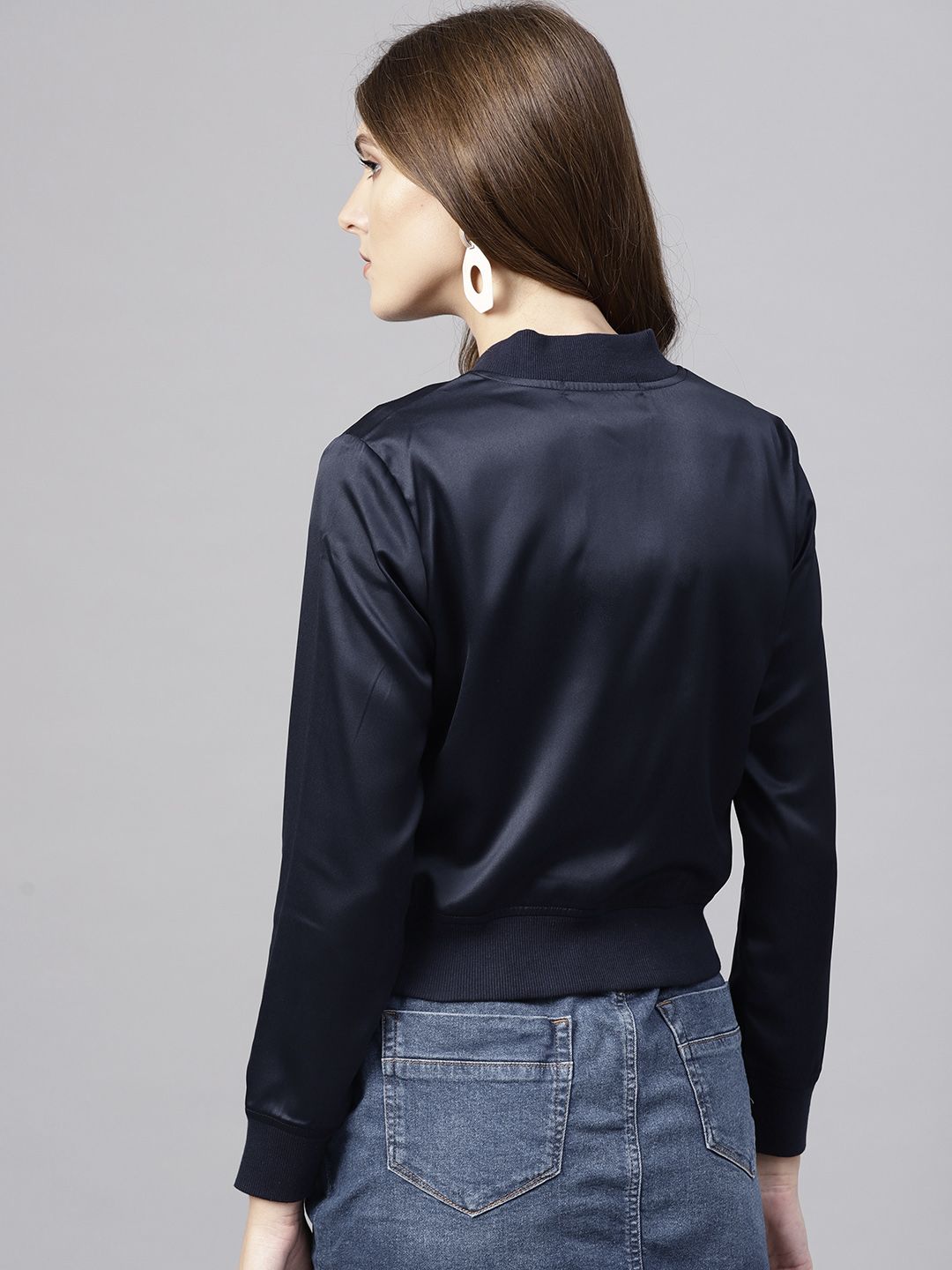 STREET 9 Women Blue Solid Satin Bomber Jacket
