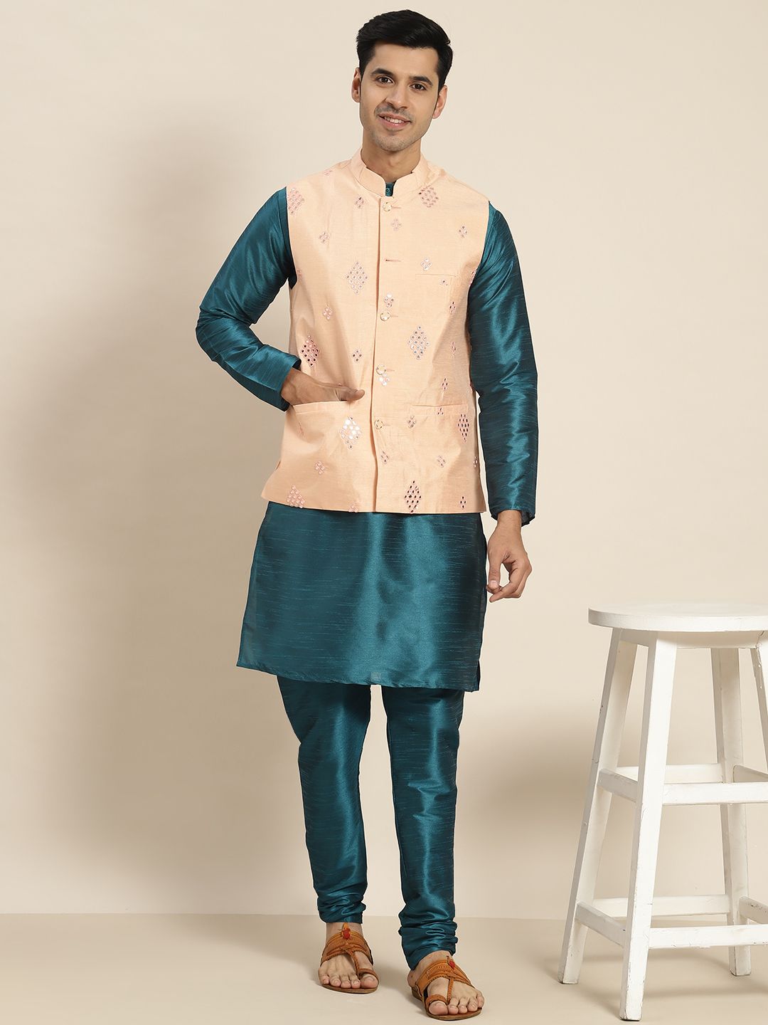 SOJANYA Men Teal Mirror Work Kurta with Churidar
