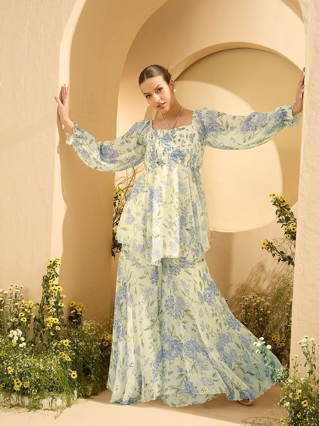 Antheaa Floral Printed Square Neck Tunic With Palazzos