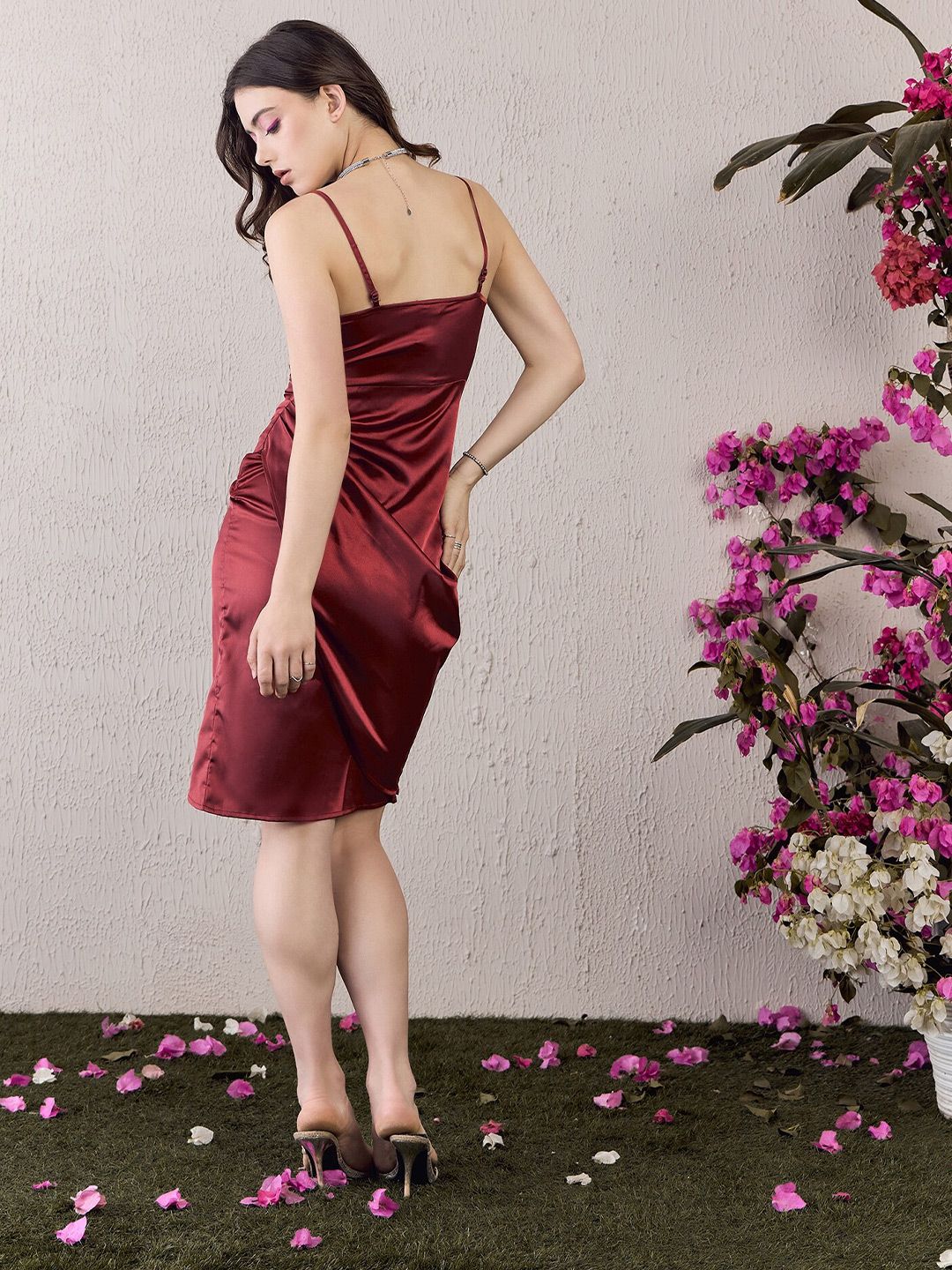 Berrylush Brown Shoulder Straps Satin Sheath Dress