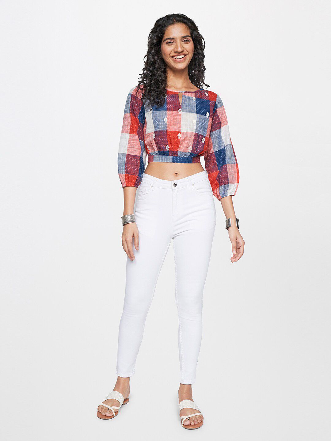 Global Desi Checked Puff Sleeves Pure Cotton Crop Top