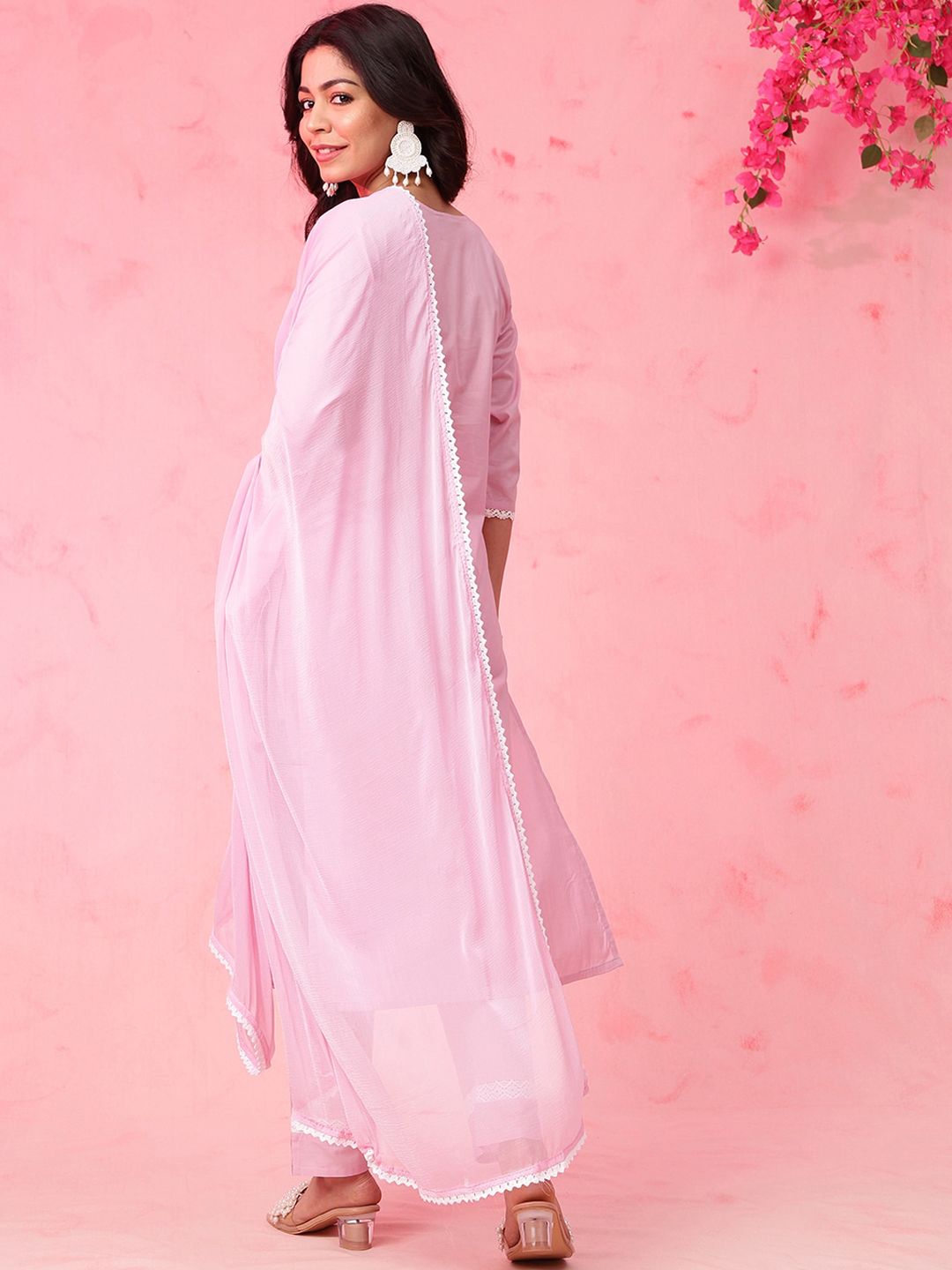 Anouk Pink Paisley Embroidered V-Neck Pure Cotton Straight Kurta with Trousers & Dupatta