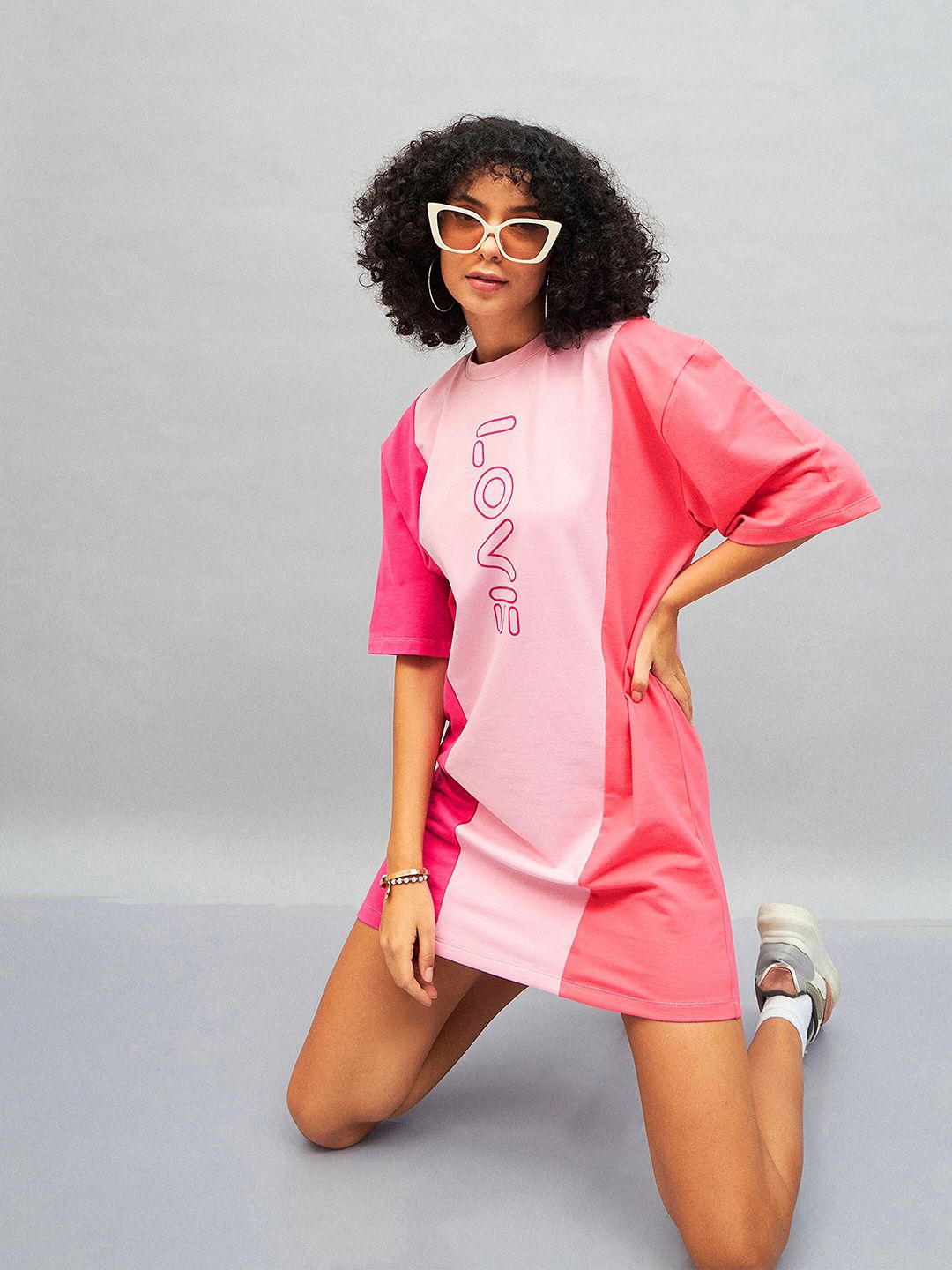 SASSAFRAS Pink Love Colourblocked Cotton T-shirt Mini Dress