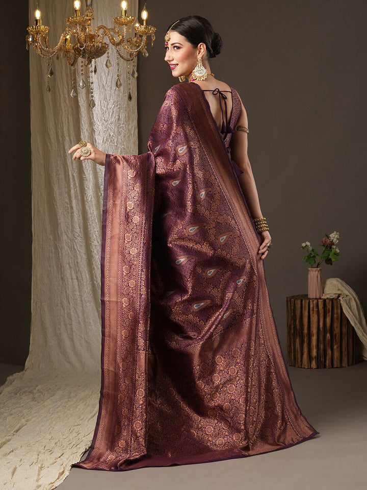 Saree mall Burgundy & Copper-Toned Woven Design Zari Silk Blend Dharmavaram Sarees