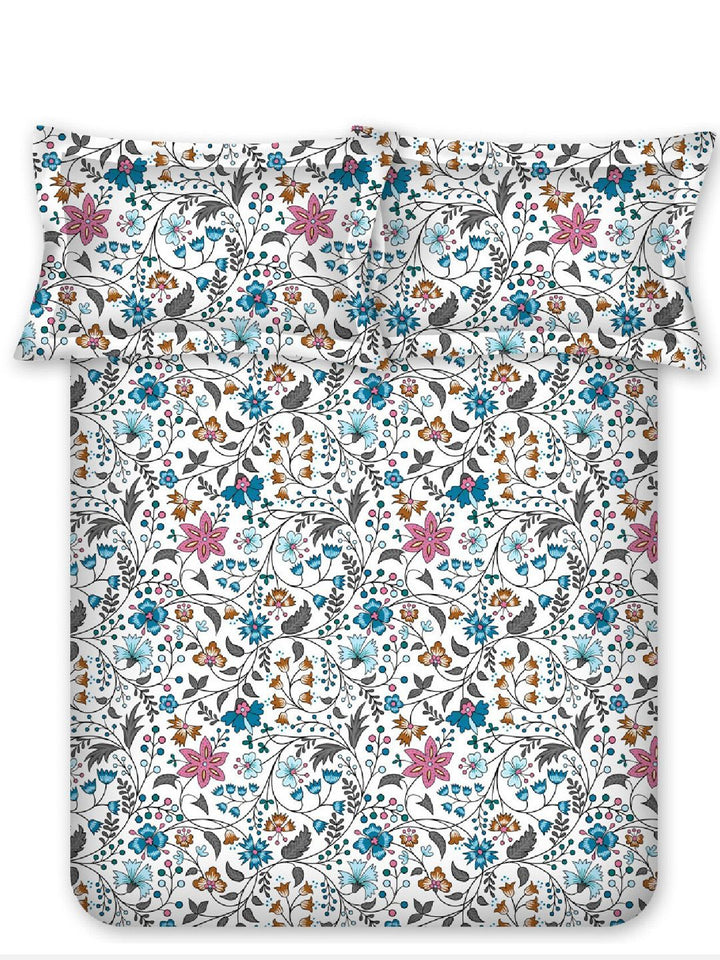 BOMBAY DYEING Cardinal Blue Floral Printed Cotton 120 TC Queen Bedsheet Set 2.54 x 2.24m