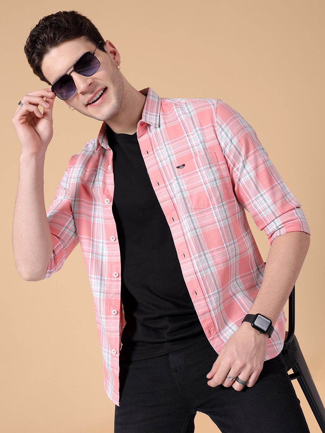 The Indian Garage Co Spread Collar Slim Fit Checked Casual Pure Cotton Shirt