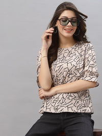 Style Quotient Nude-Coloured & Black Print Crepe Top