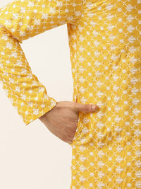 SOJANYA Men Yellow & White Embroidered Thread Work Kurta with Churidar & Nehru Jacket