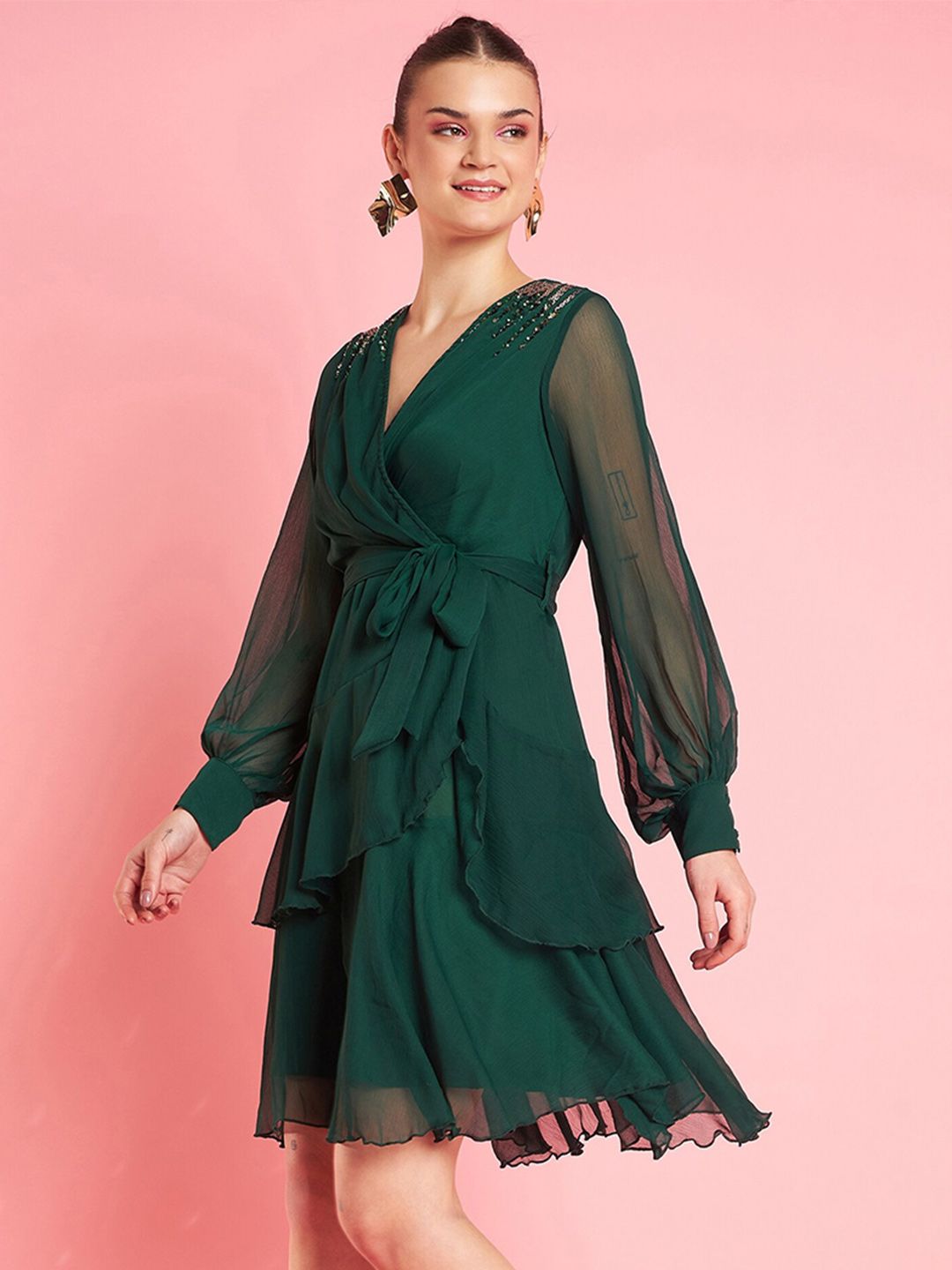 Antheaa Embellished Layered V-Neck Chiffon Fit & Flare Dress