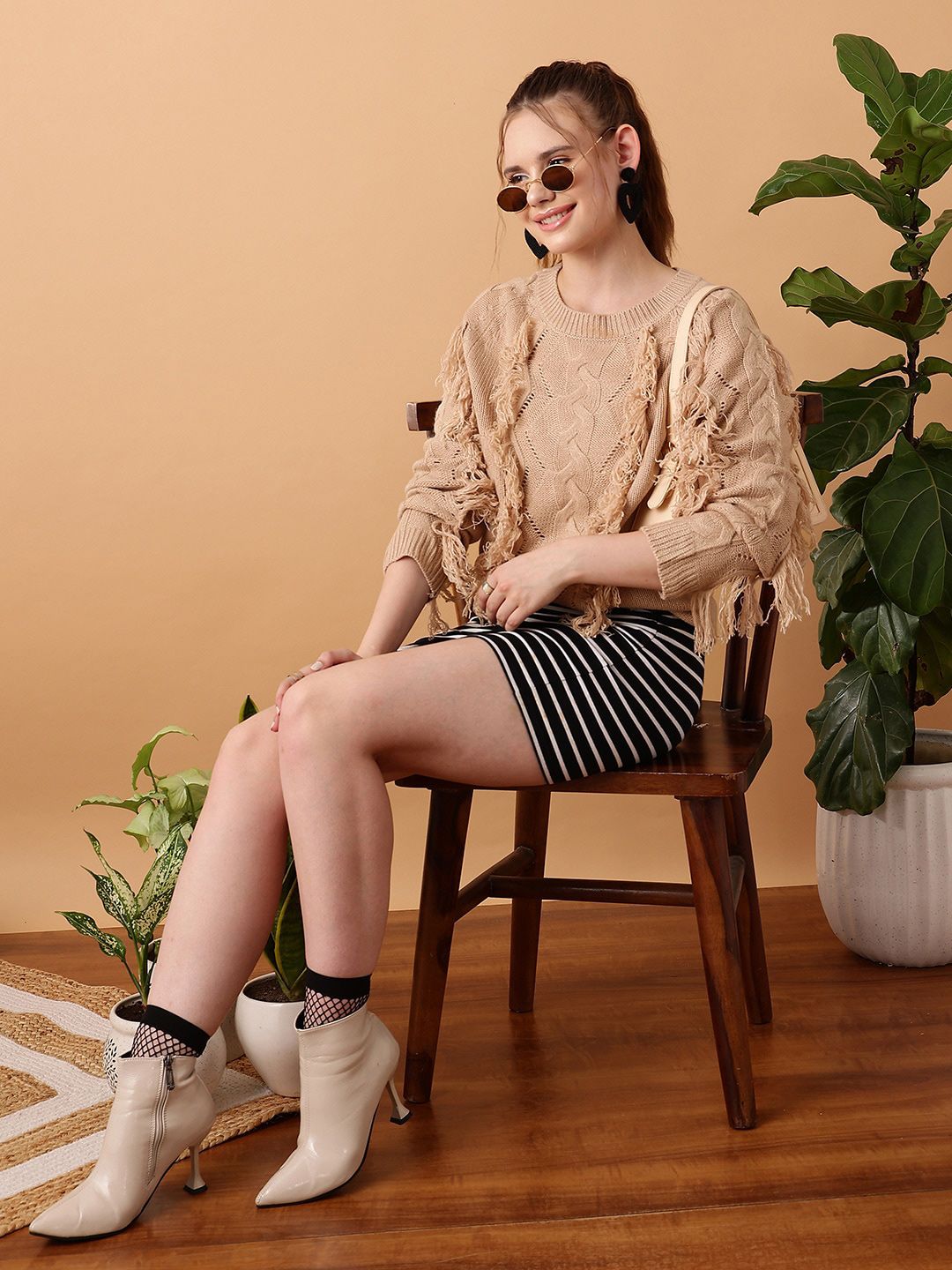 STREET 9 Cable Knit Self Design Fringed Detail Acrylic Pullover Sweater