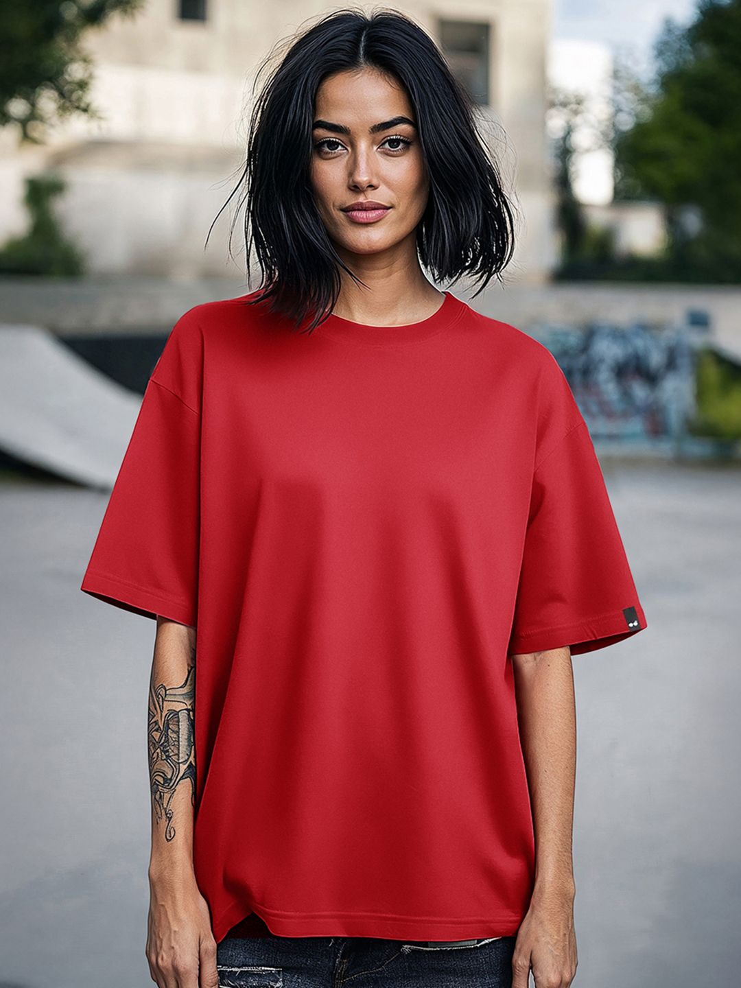 Bewakoof Women Red Cotton Drop-Shoulder Sleeves Oversized T-shirt