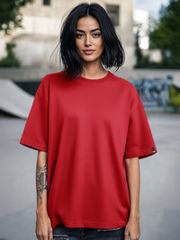 Bewakoof Women Red Cotton Drop-Shoulder Sleeves Oversized T-shirt