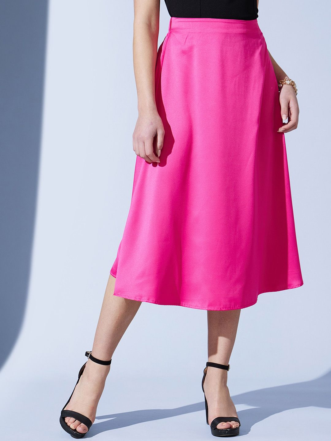 STREET 9 Fuchsia Satin A-Line Midi Skirt