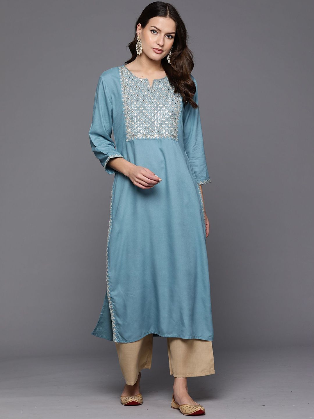Indo Era Geometric Embroidered Mirror Work Straight Kurta