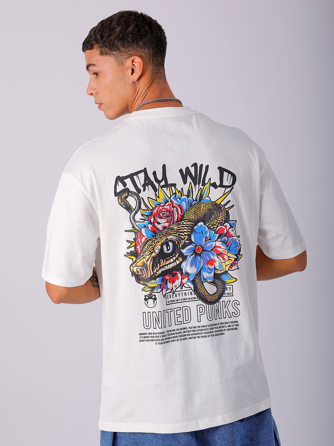The Indian Garage Co Men Cotton Back Printed Boxy Oversized Round Neck T-shirt