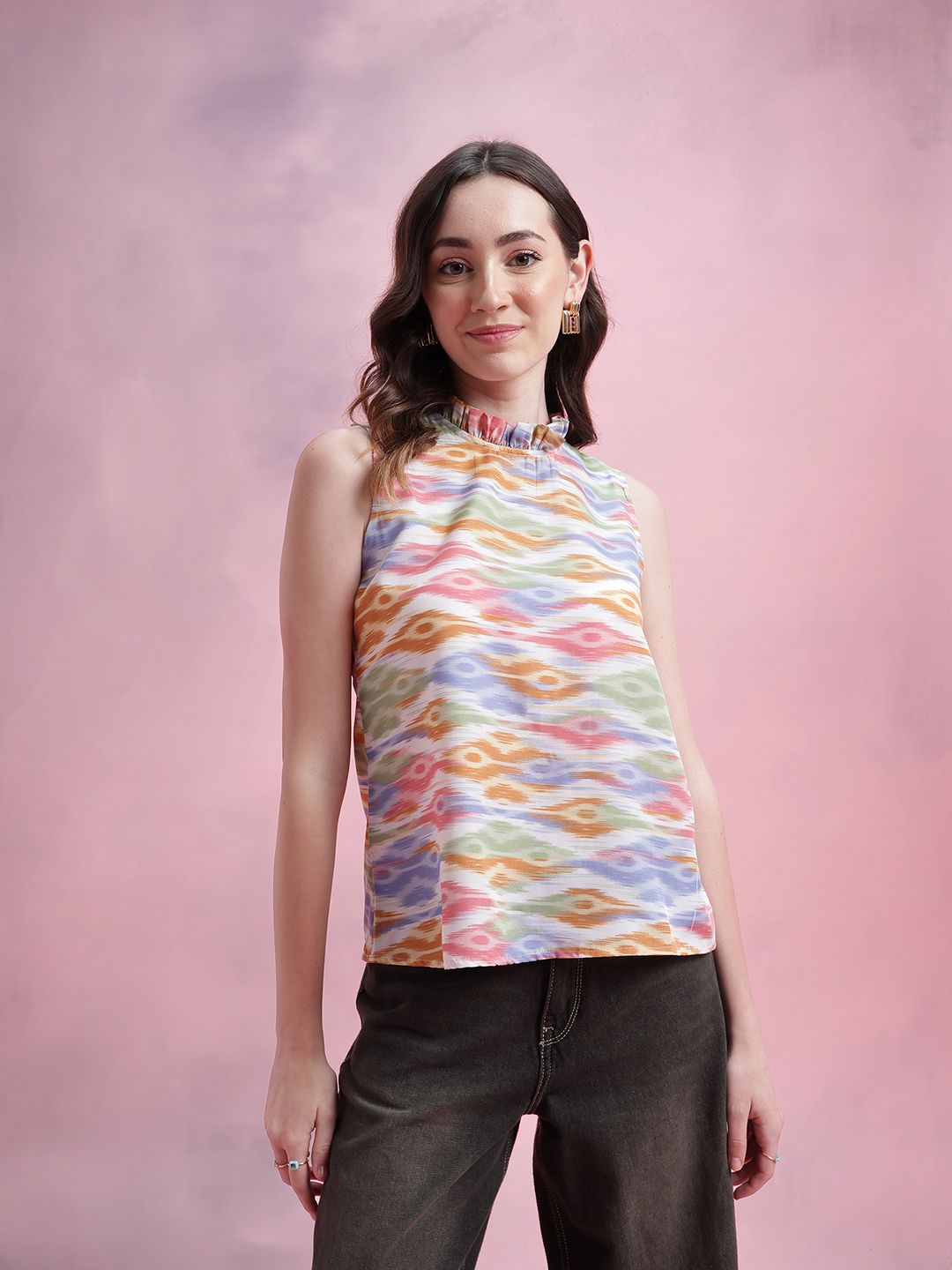 DressBerry Ikat Print Ruffled Detail Top