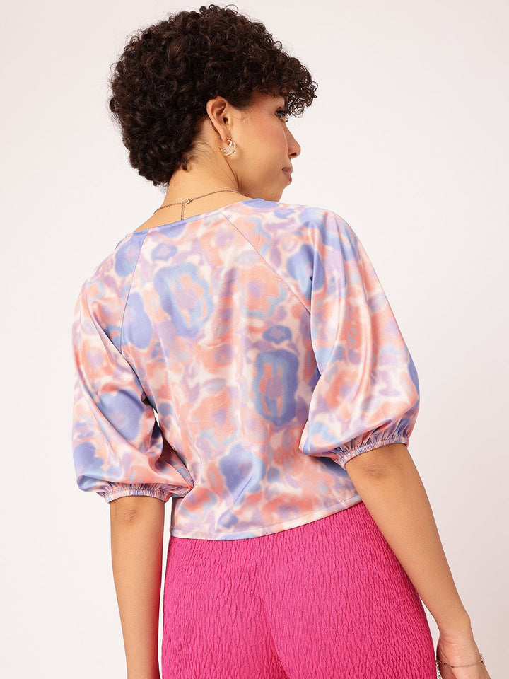 DressBerry Abstract Art Printed Puff Sleeve Shirt Style Crop Top