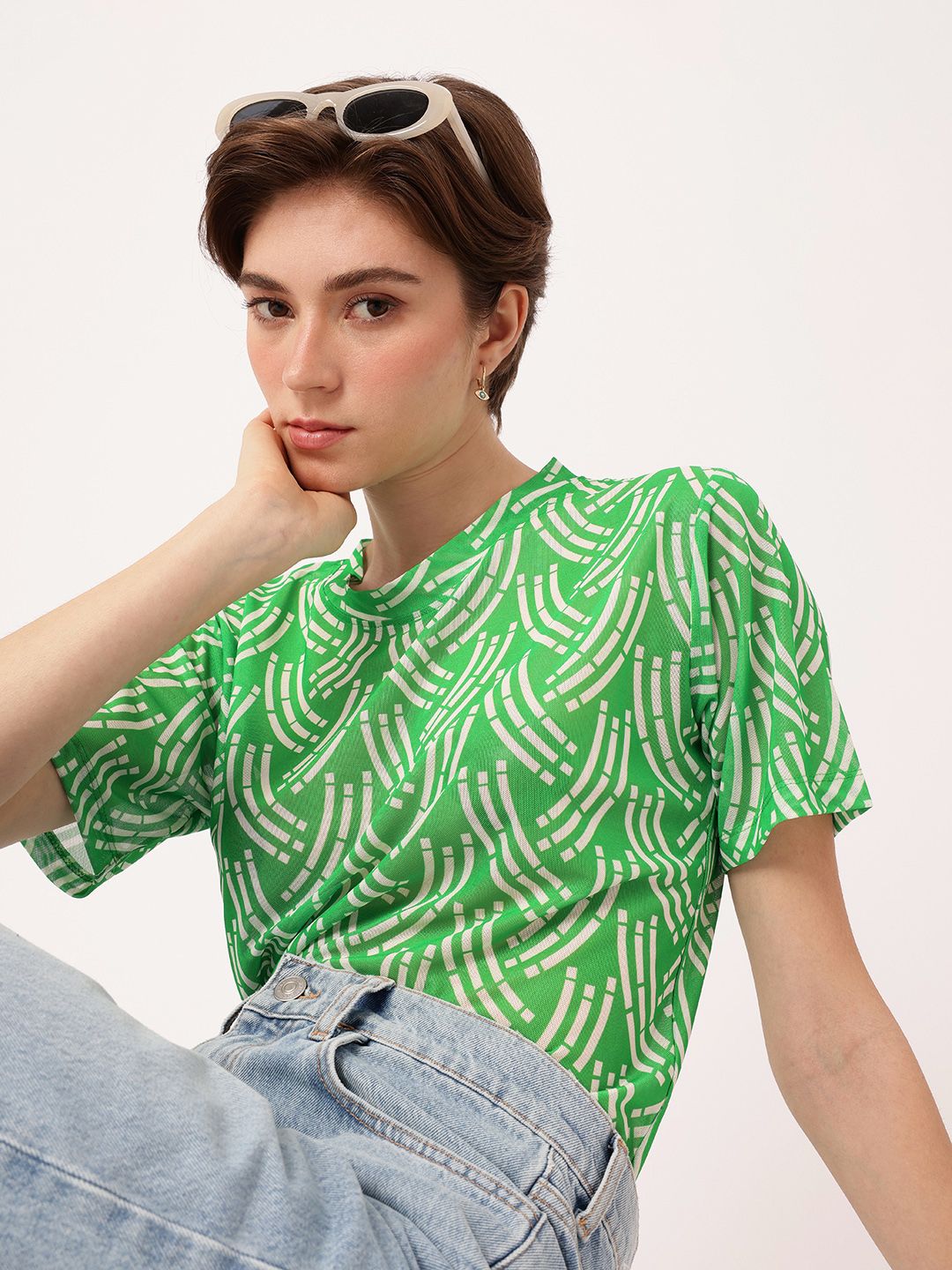 DressBerry Chic Charm Printed Semi Sheer Soft Net Longline Top