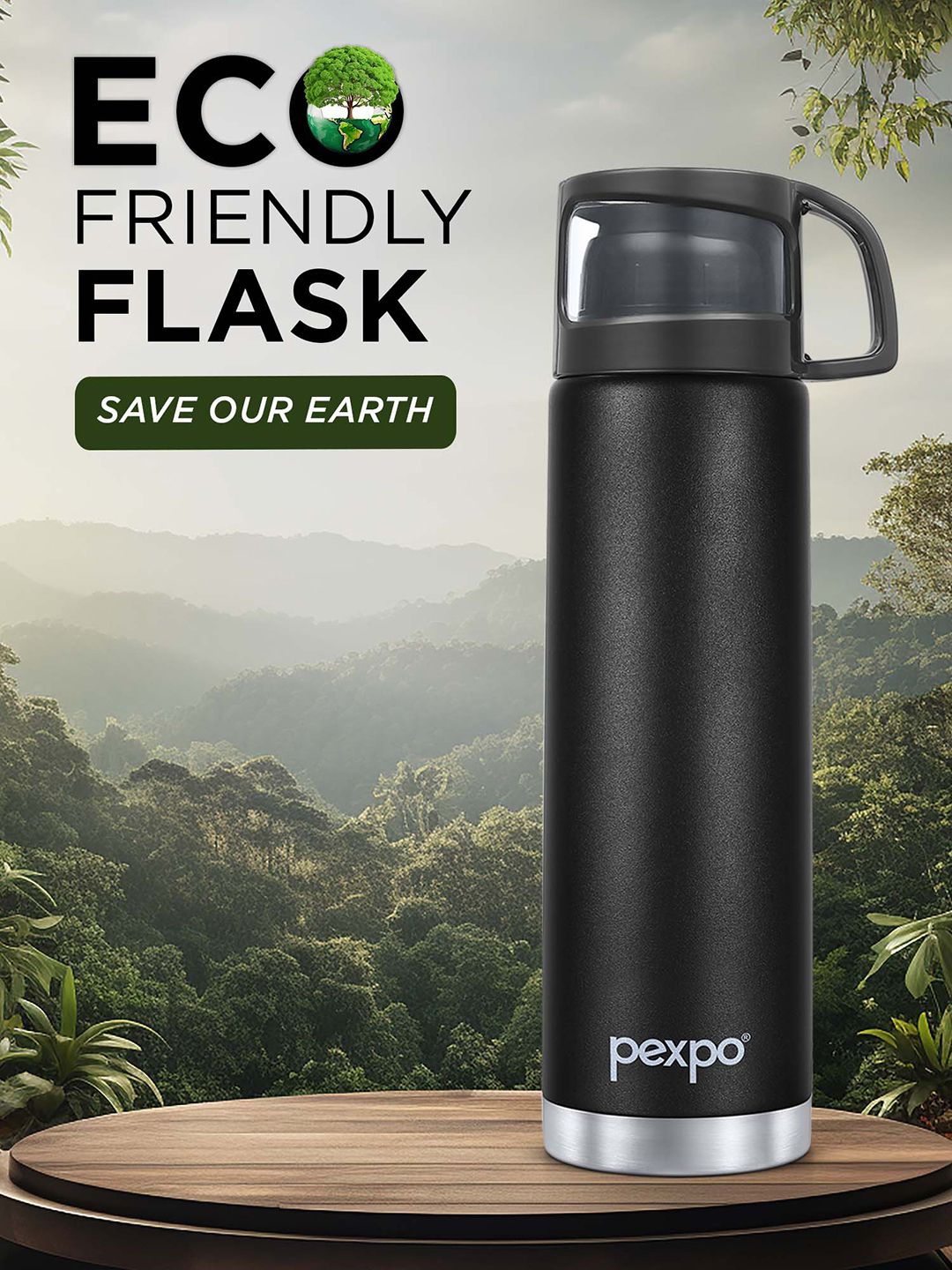 Pexpo Knight Black FERERRO-ISI Certified Thermosteel Hot and Cold Flask Water Bottle 1L