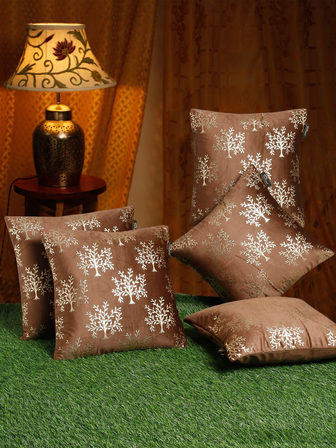 HOSTA HOMES Brown & Gold Set of 5 Floral Velvet Square Cushion Covers