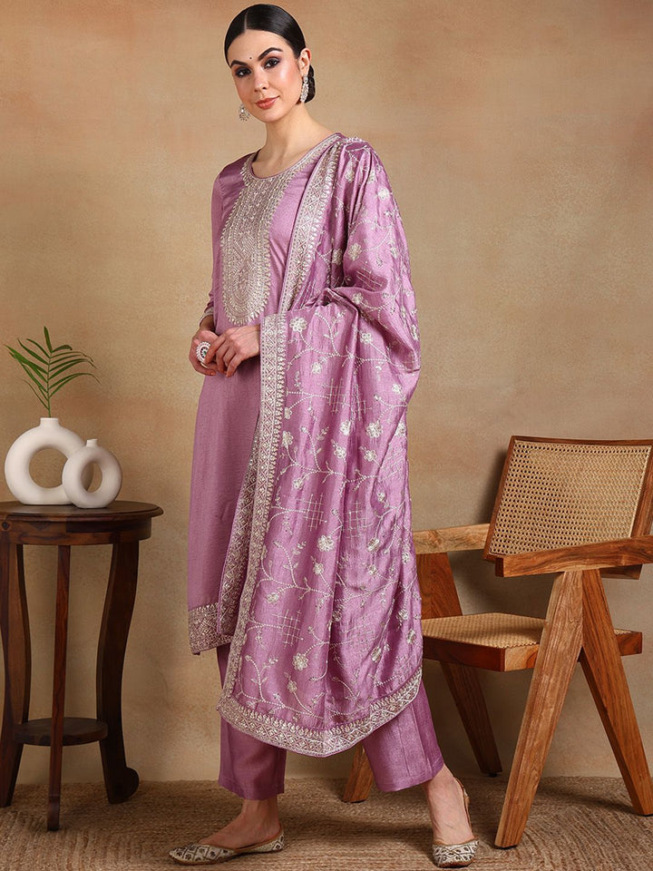KALINI Floral Embroidered Sequinned Straight Kurta & Trousers With Dupatta