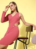 Athena Women Dusty Pink Solid Cut Outs Bodycon Dress