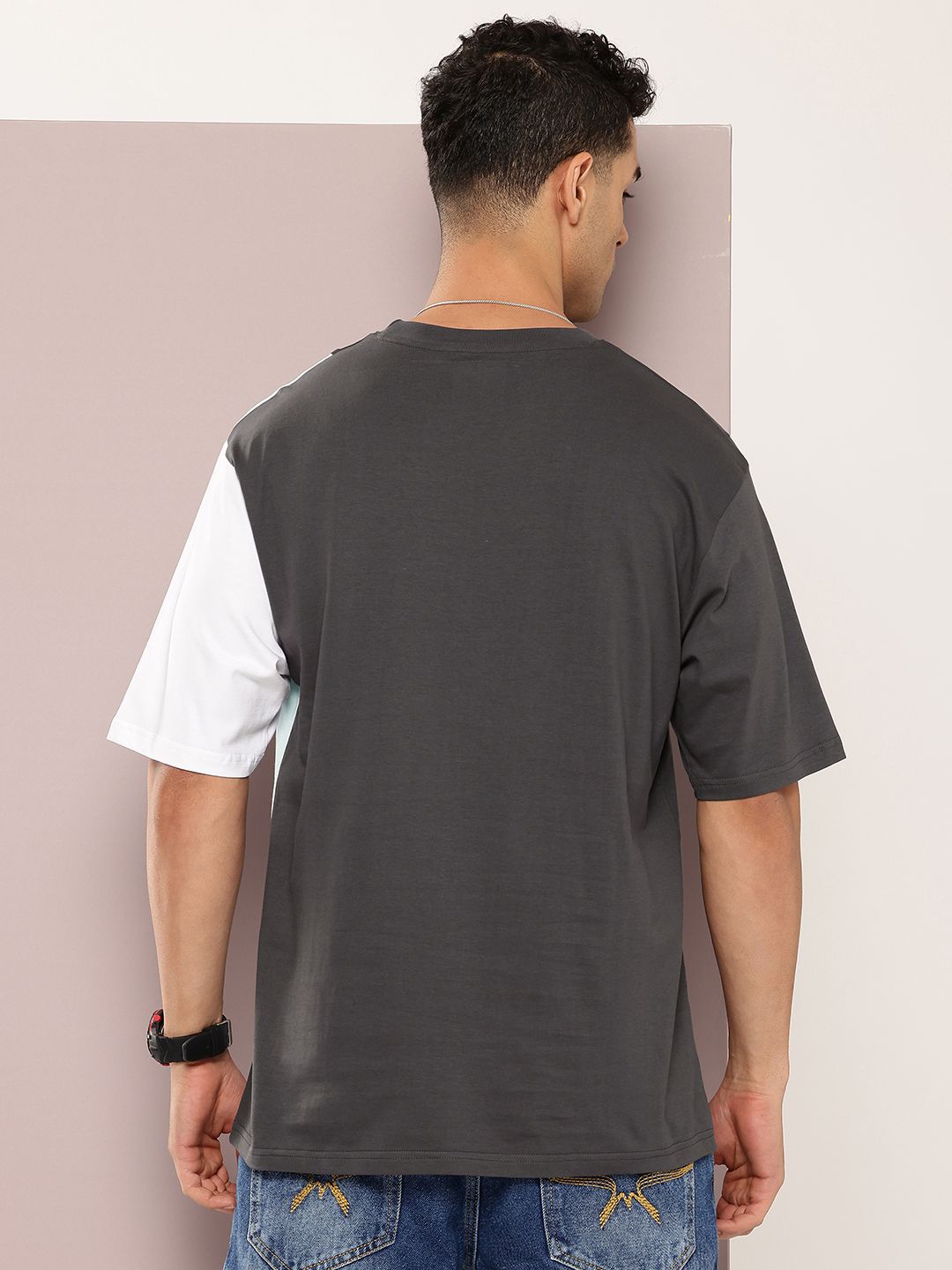 DILLINGER Men Colourblocked Drop-Shoulder Sleeves Oversized Embossed Pure Cotton T-shirt