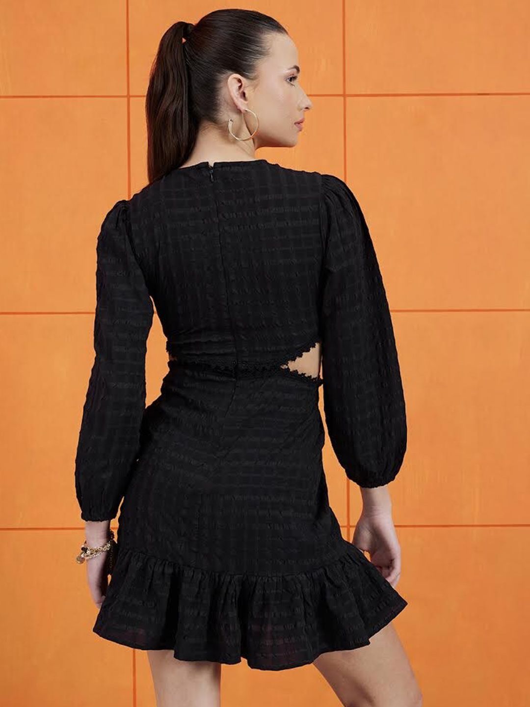 STREET 9 Self Design Round Neck Puff Sleeves Cut-Outs A-Line Dress