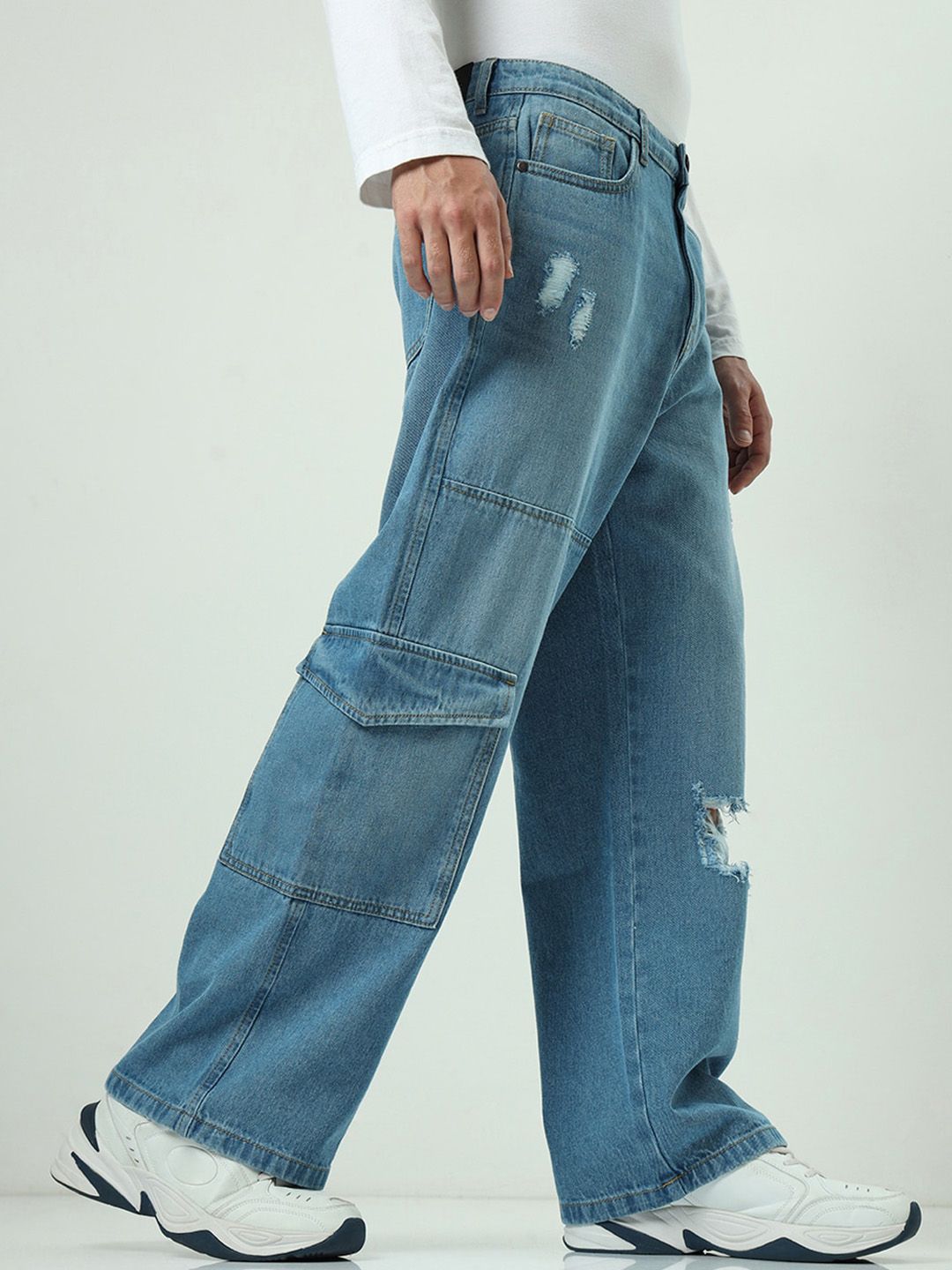Bewakoof Men Baggy Straight Fit High-Rise Mildly Distressed Cotton Carpenter Jeans