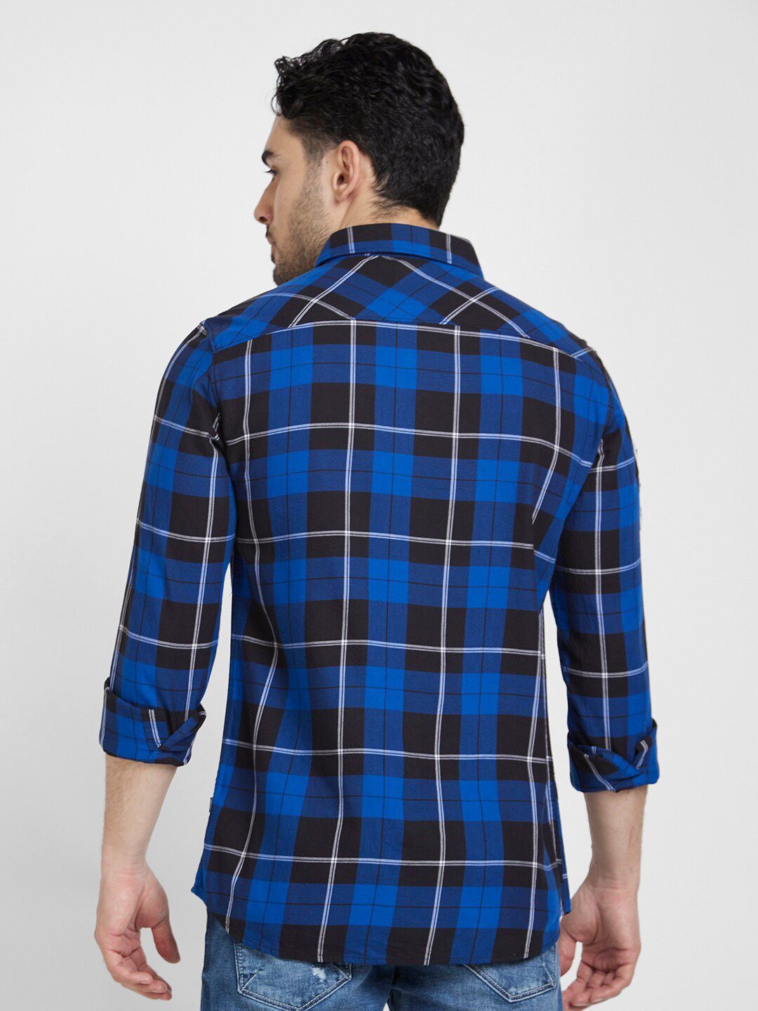 SPYKAR Classic Tartan Checks Opaque Cotton Linen Casual Shirt