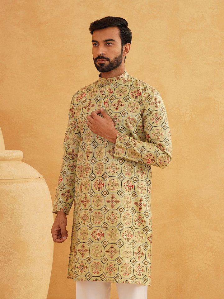 SOJANYA Men Green & White Ethnic Motifs Printed  Cotton Linen Kurta