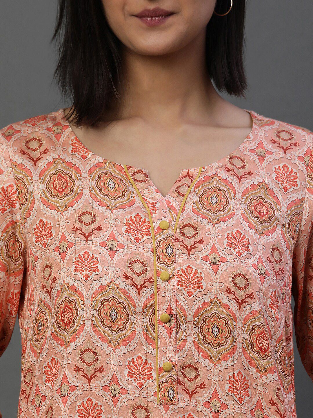 AURELIA Ethnic Motifs Printed Notched Neck Straight Kurti