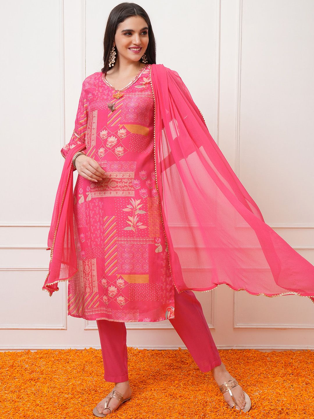 Vishudh Floral Printed Regular Sequinned Kurta with Trousers & With Dupatta