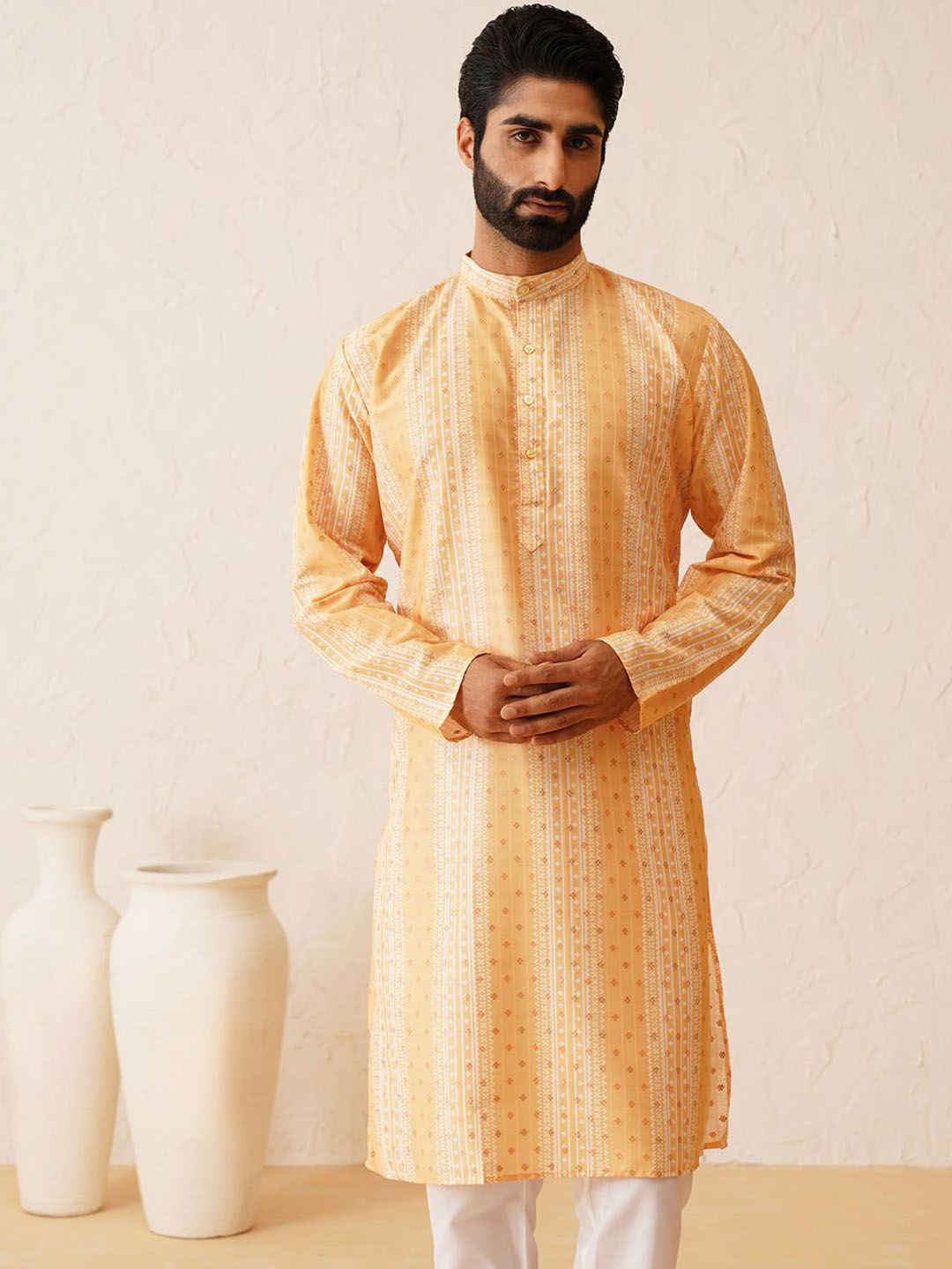 SOJANYA Motif Etnik Bercetak Kolar Jalur Kapas Kurta Sutera Dengan Piyama