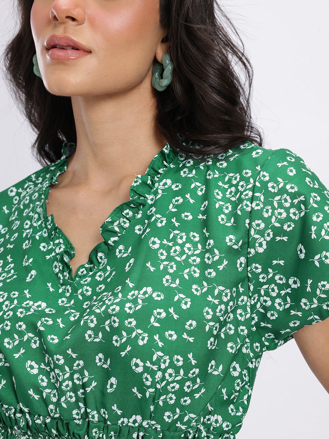 DressBerry Floral Print Smocked Ruffled Detail Cinched Waist Top with Peplum Skirt