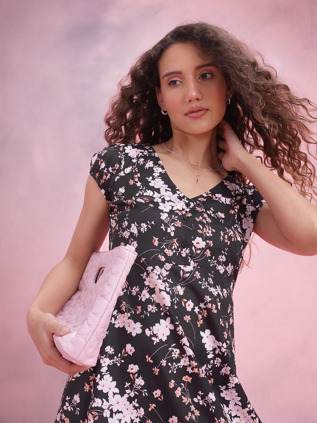 DressBerry Floral Print Puff Sleeve A-Line Mini Dress