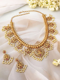 Rubans 24K Gold-Plated Lakshmi Temple Necklace Set with Ruby Stones & Pearl Detailing