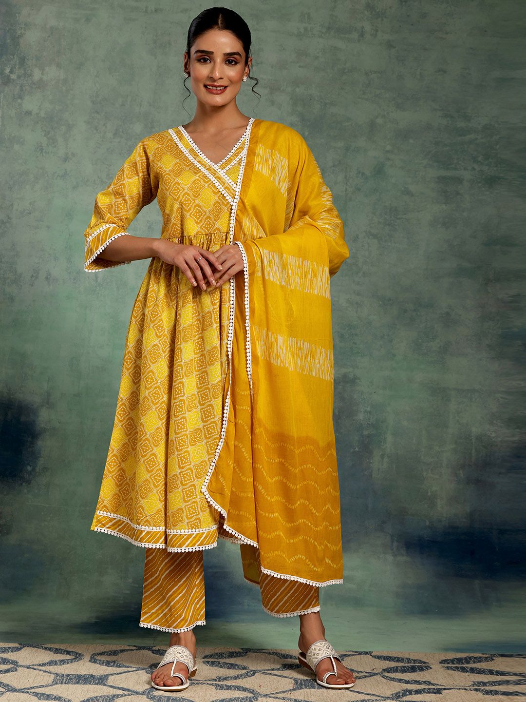 Libas Bandhani Printed Angrakha Pure Cotton Kurta with Palazzos & Dupatta