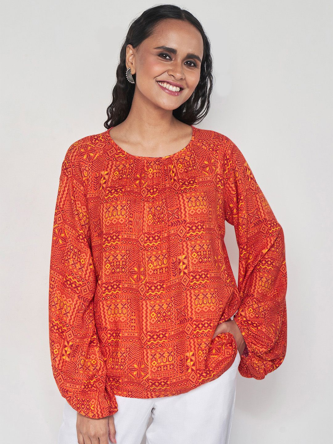 Global Desi Abstract Printed Puff Sleeves Top