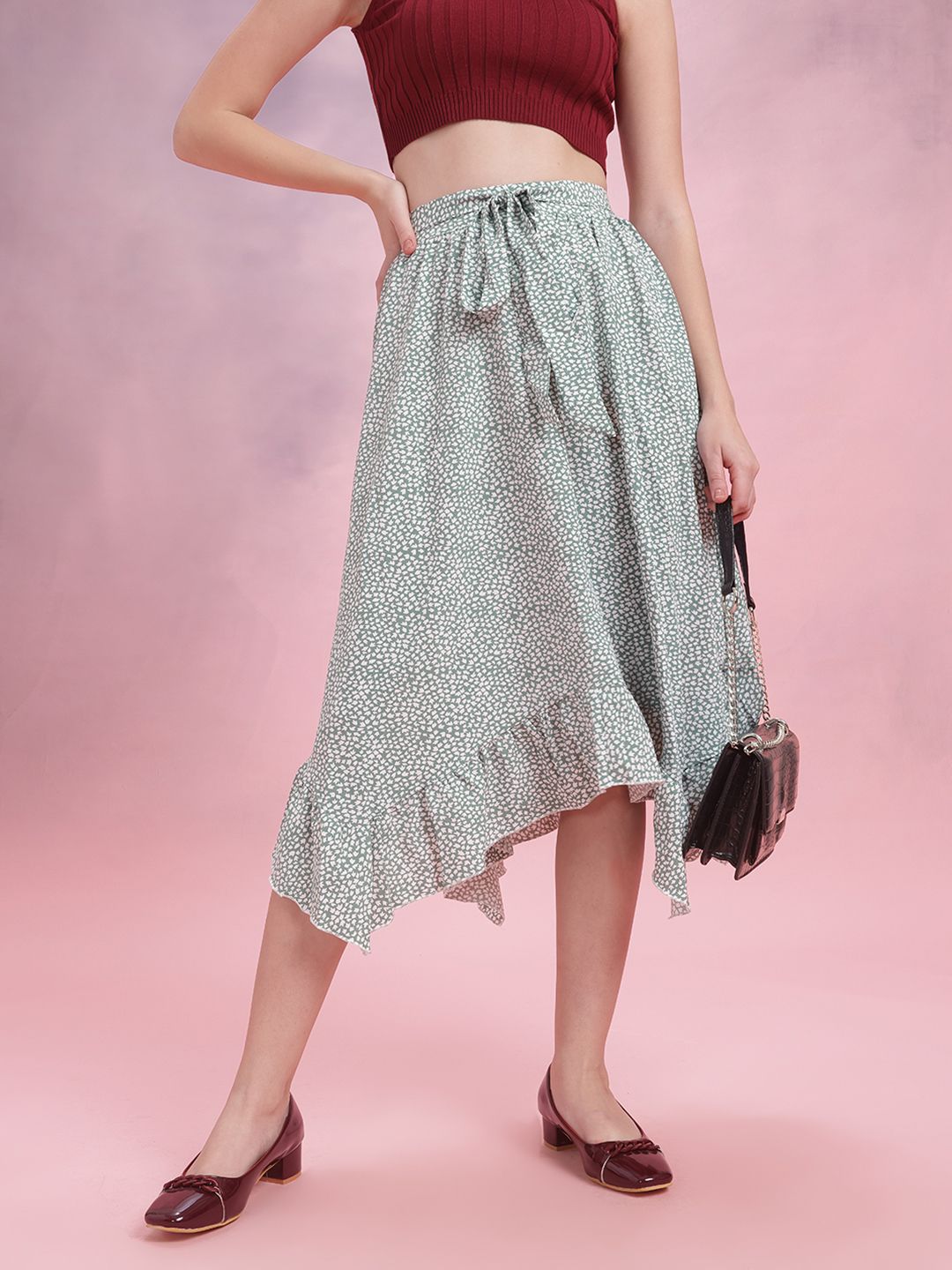 DressBerry Ruffled Micro Ditsy Print Flared Midi Skirt with Belt