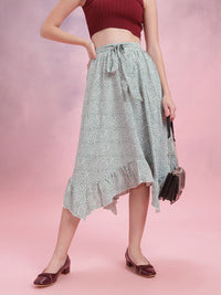 DressBerry Ruffled Micro Ditsy Print Flared Midi Skirt with Belt
